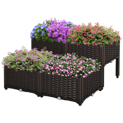 Outsunny Set of 4 26L Garden Raised Bed Elevated Patio Flower Plant Planter Box PP Vegetables Planting Container, Brown 