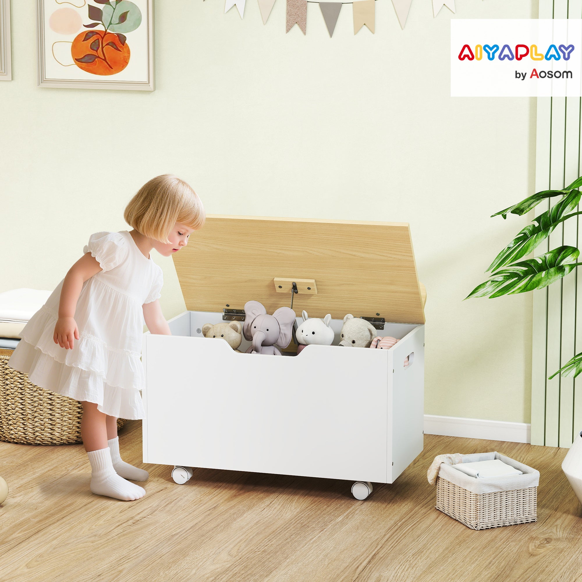 AIYAPLAY Toy Box with Lid, Toy Chest with Wheels and Safety Hinges, Toddler Storage Organiser for Playroom, Bedroom, White 