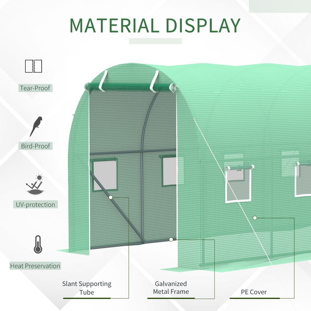 Outsunny Walk-in Polytunnel Greenhouse, Outdoor Garden Tunnel Greenhouse Tent with Zipped Roll-Up Door and 8 Mesh Windows, 4 x 2M 