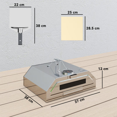 Outsunny 8 in Portable Stainless Steel BBQ Grill Top Pizza Oven with Built-in Thermometer and Viewing Window for Gas and Charcoal BBQ Grills, Includes Carry Handles, Pizza Stone and Peel, Silver Tone 