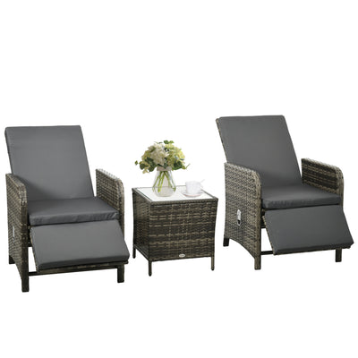 Outsunny 3 Pieces Rattan Bistro Set Balcony Furniture with Cushions, Storage Function - Mix-Grey 