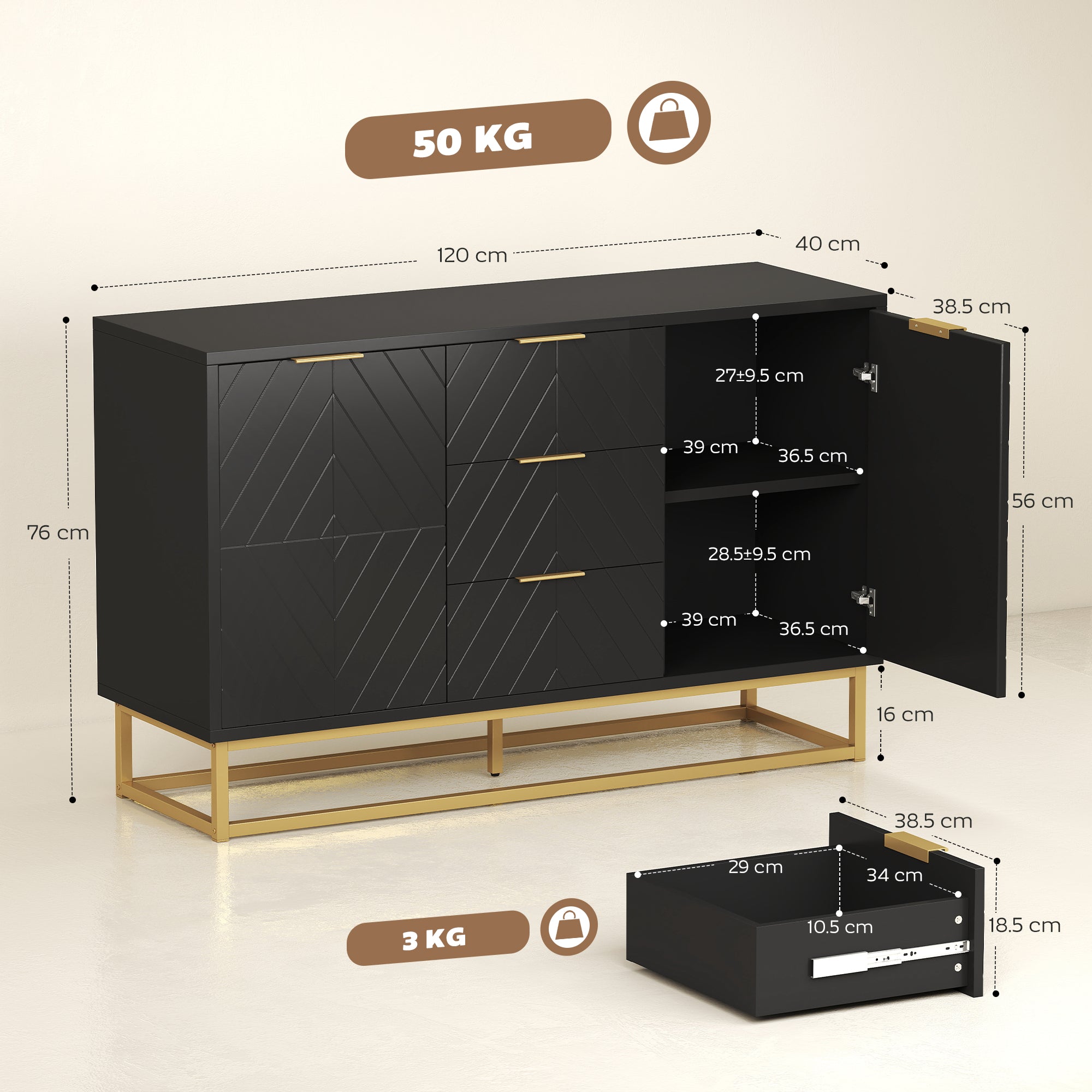 HOMCOM Sideboard with 3 Drawers and Adjustable Shelves for Living Room - Black 