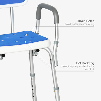 HOMCOM EVA Padded Shower Chair for the Elderly and Disabled, Height Adjustable Shower Stool with Back and Arms, 4 Suction Foot Pads, Blue 