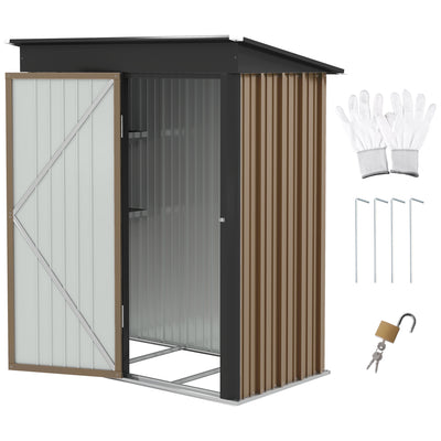 Outsunny Metal Garden Shed, Outdoor Lean-to Shed for Tool Motor Bike, with Adjustable Shelf, Lock, Gloves, 5'x3'x6', Brown 