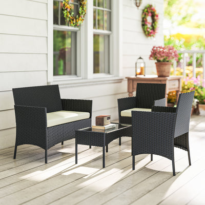 Outsunny 4 Piece Rattan Garden Furniture Sofa Set with Loveseat, Armchairs, Glass-Top Coffee Table and Cushions, Cream White 