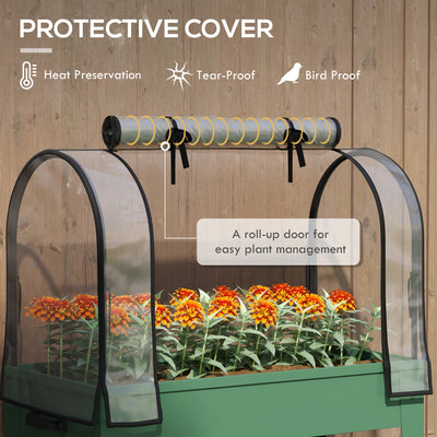 Outsunny Raised Planter with Greenhouse Cover, Mobile Elevated Garden Bed with Wheels and Bottom Shelf for Vegetables, Green 