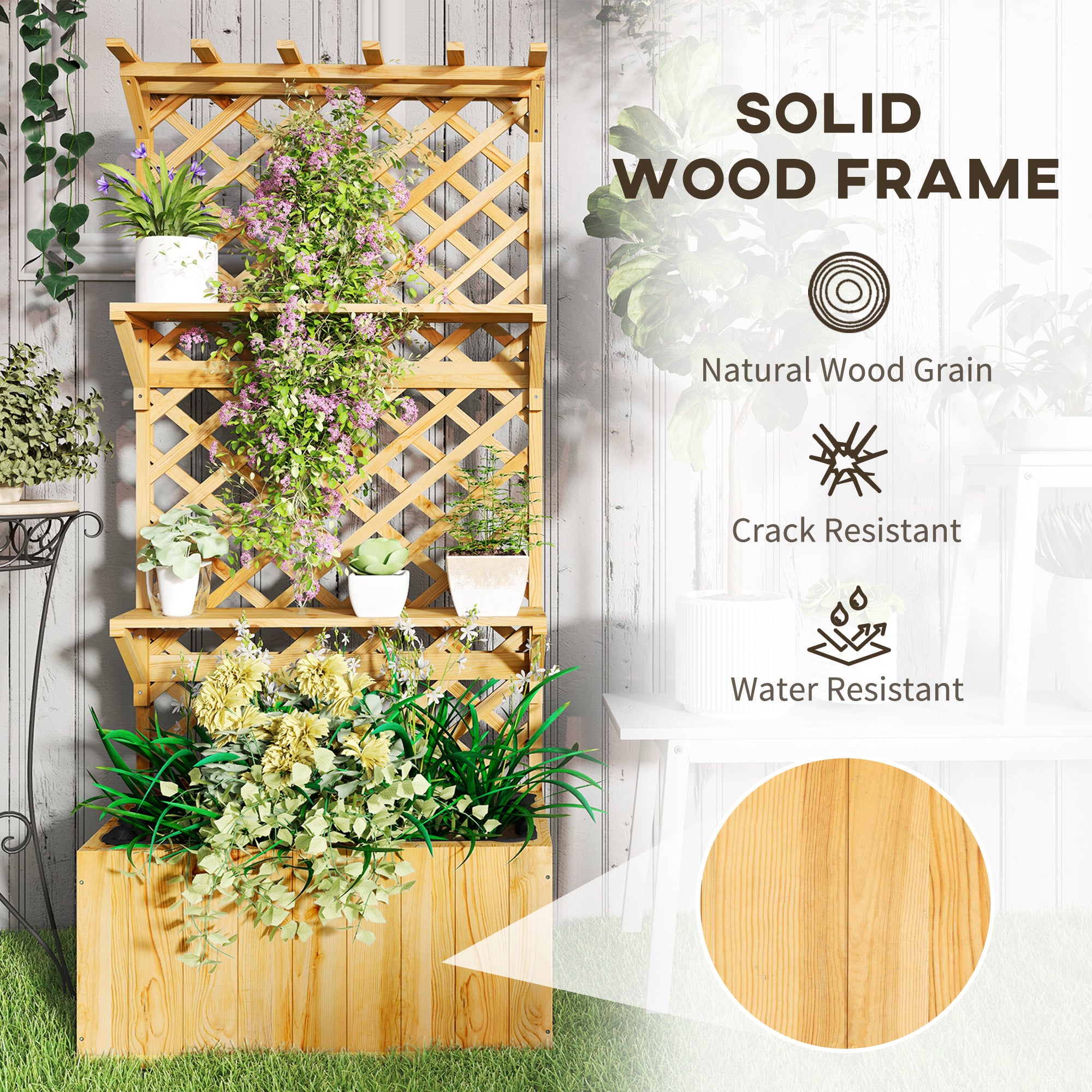 Outsunny 52L Wooden Planter, with Trellis and Shelves - Natural Finish 