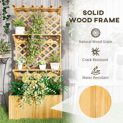 Outsunny 52L Wooden Planter, with Trellis and Shelves - Natural Finish 