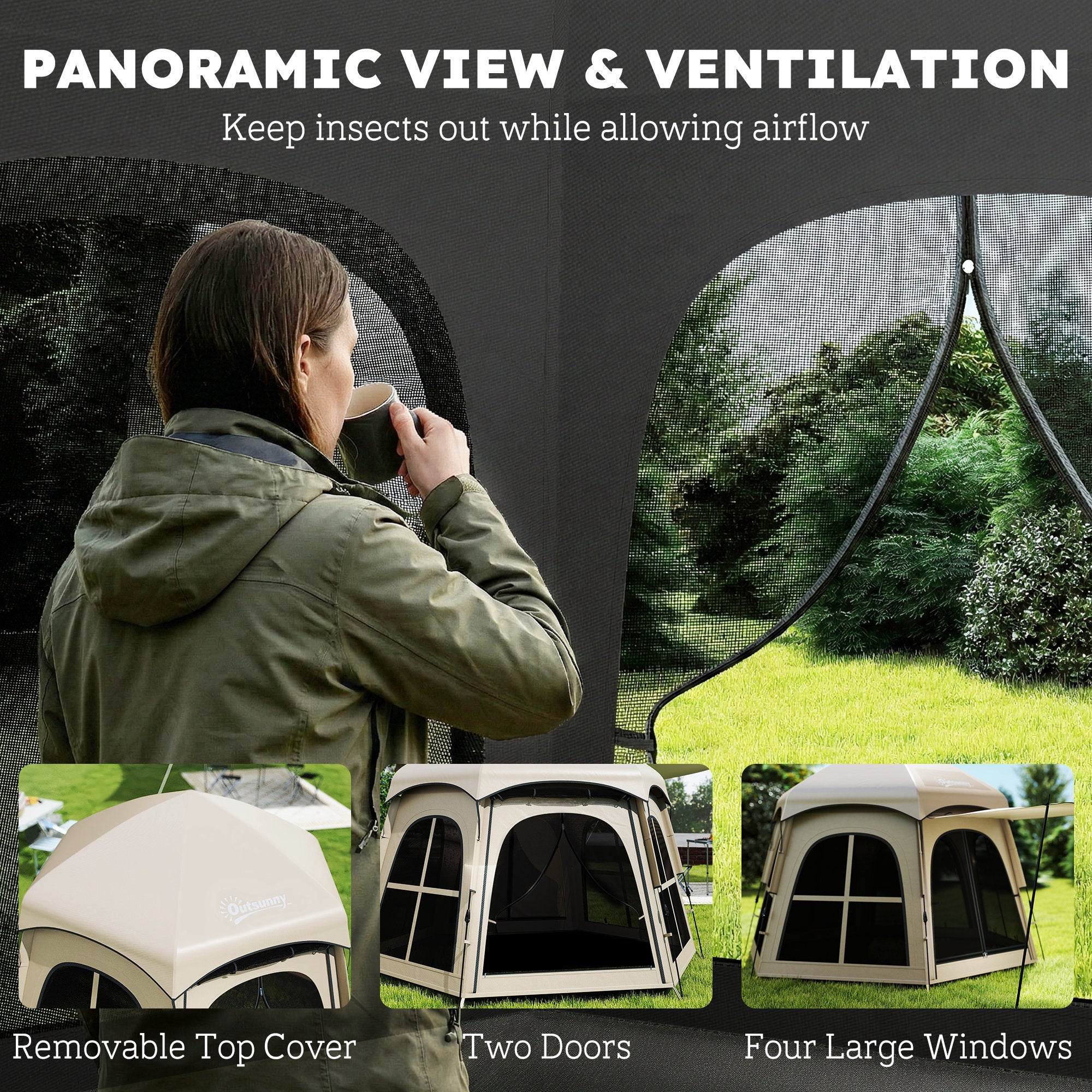 Outsunny Pop Up Tent 3000mm Waterproof Instant Camping Tent 3-4 Person with 2 Doors 4 Windows Khaki 