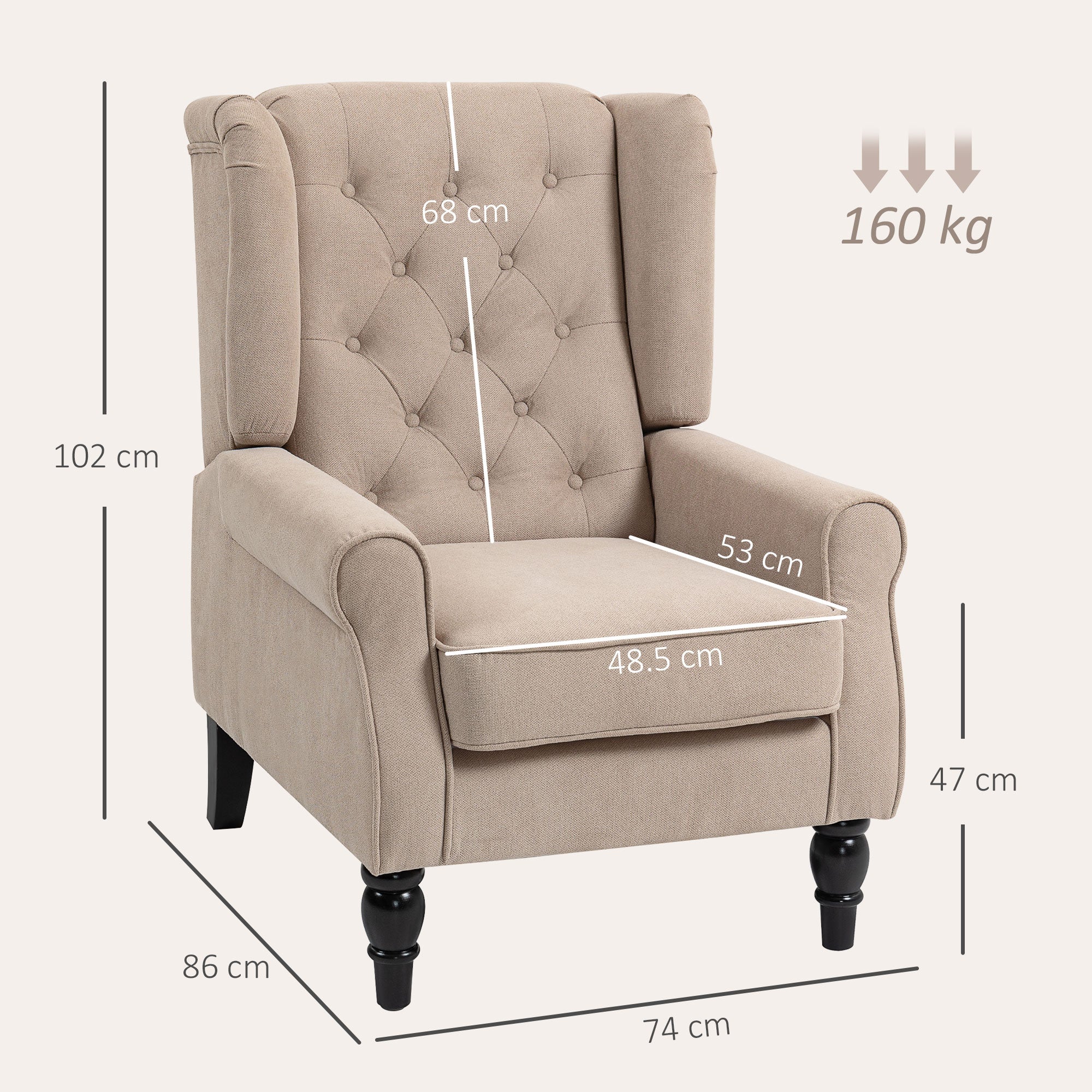 HOMCOM Wingback Accent Chair, Retro Upholstered Button Tufted Occasional Chair for Living Room and Bedroom, Beige 