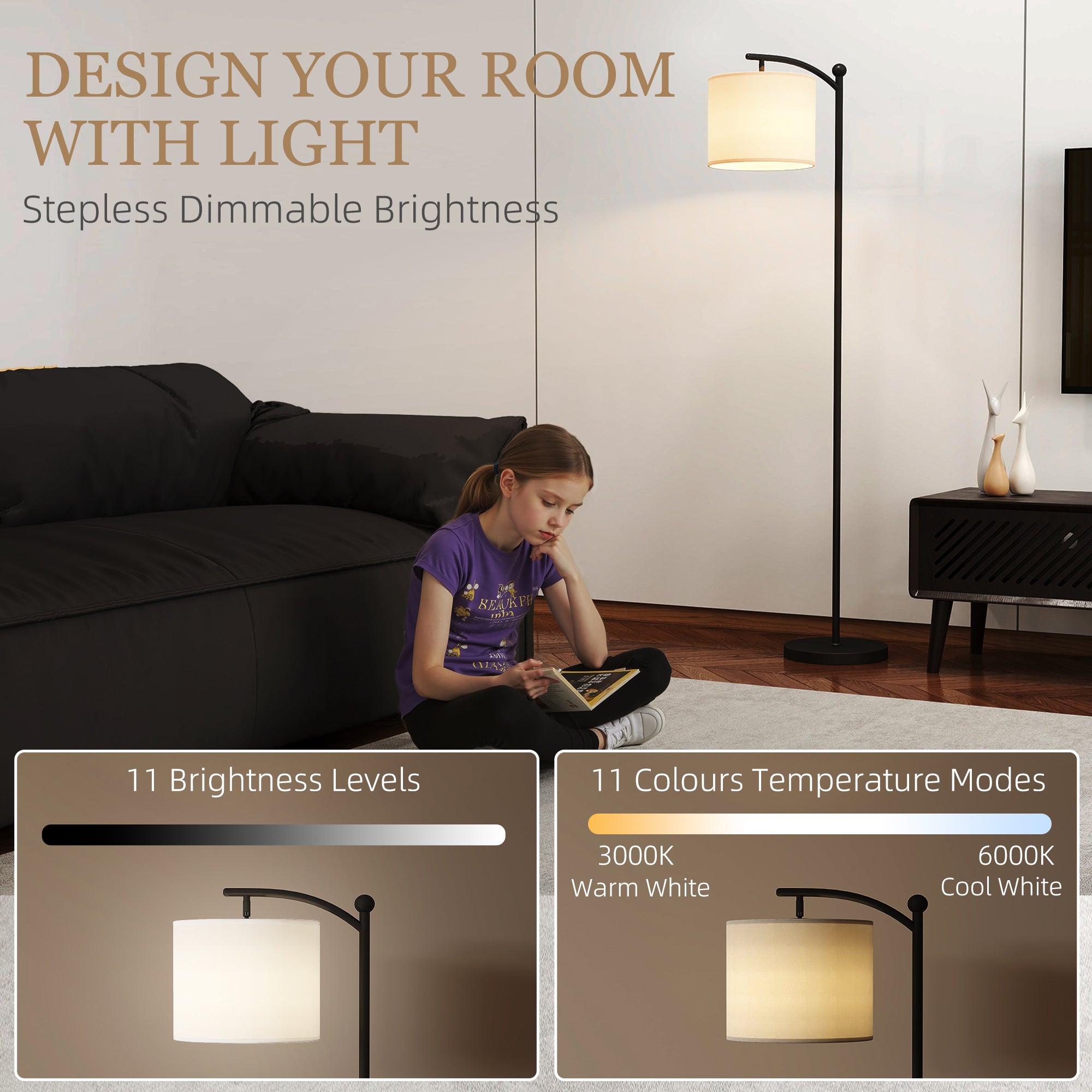 HOMCOM LED Floor Lamp, Stepless Dimmable Reading Standing Lamp with Magnetic Remote Control and 11 Colours Temperature & 11 Brightness Levels, 60 Min Timer for Living Room, Bedroom, Office, Black