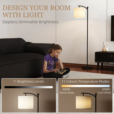 HOMCOM LED Floor Lamp, Stepless Dimmable Reading Standing Lamp with Magnetic Remote Control and 11 Colours Temperature & 11 Brightness Levels, 60 Min Timer for Living Room, Bedroom, Office, Black 