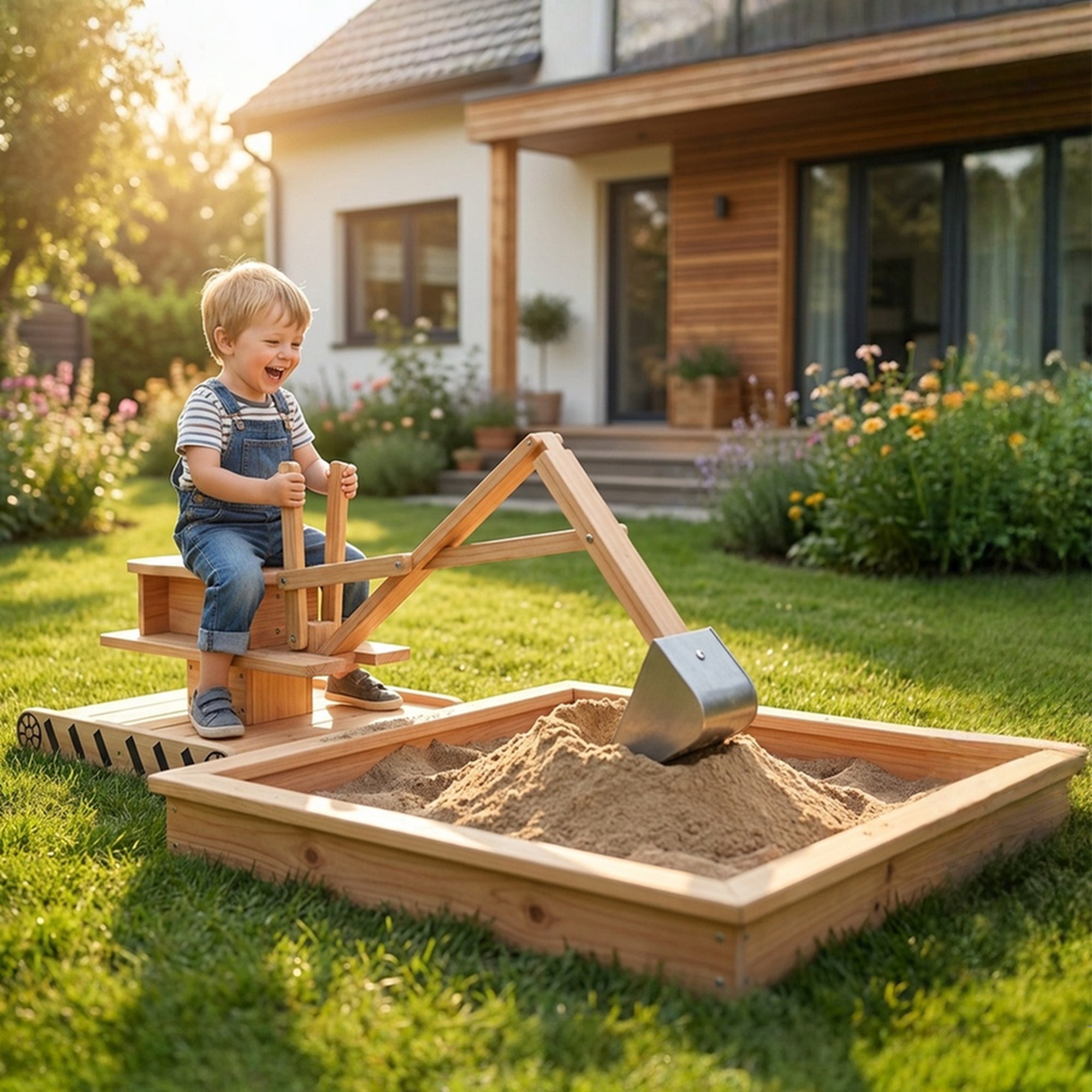 AIYAPLAY Wooden Sand Pit with Digger, Kids Sandbox Outdoor, SandPit with 360 Swivel Seat and Bottom Liner 