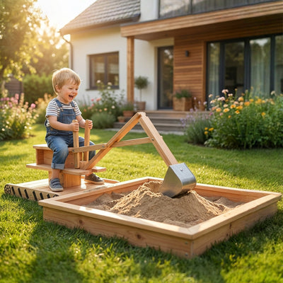 AIYAPLAY Wooden Sand Pit with Digger, Kids Sandbox Outdoor, SandPit with 360 Swivel Seat and Bottom Liner 