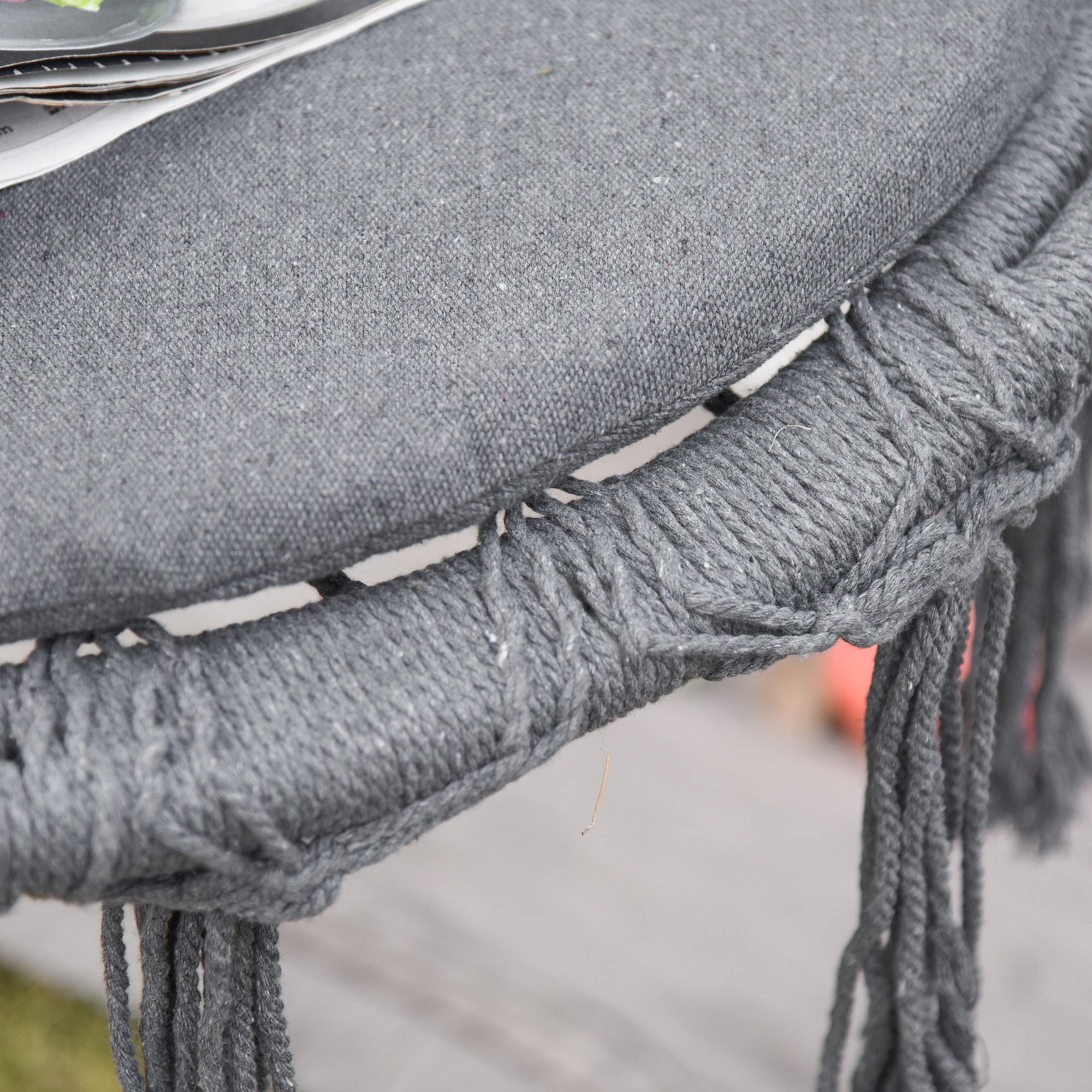 Outsunny Outdoor Cotton-Polyester Blend Macrame Hanging Rope Chair with Cushion, Portable Garden Chair with Fringe Tassels for Patio, Deck, Tree, Grey 