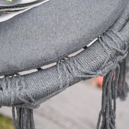 Outsunny Outdoor Cotton-Polyester Blend Macrame Hanging Rope Chair with Cushion, Portable Garden Chair with Fringe Tassels for Patio, Deck, Tree, Grey 