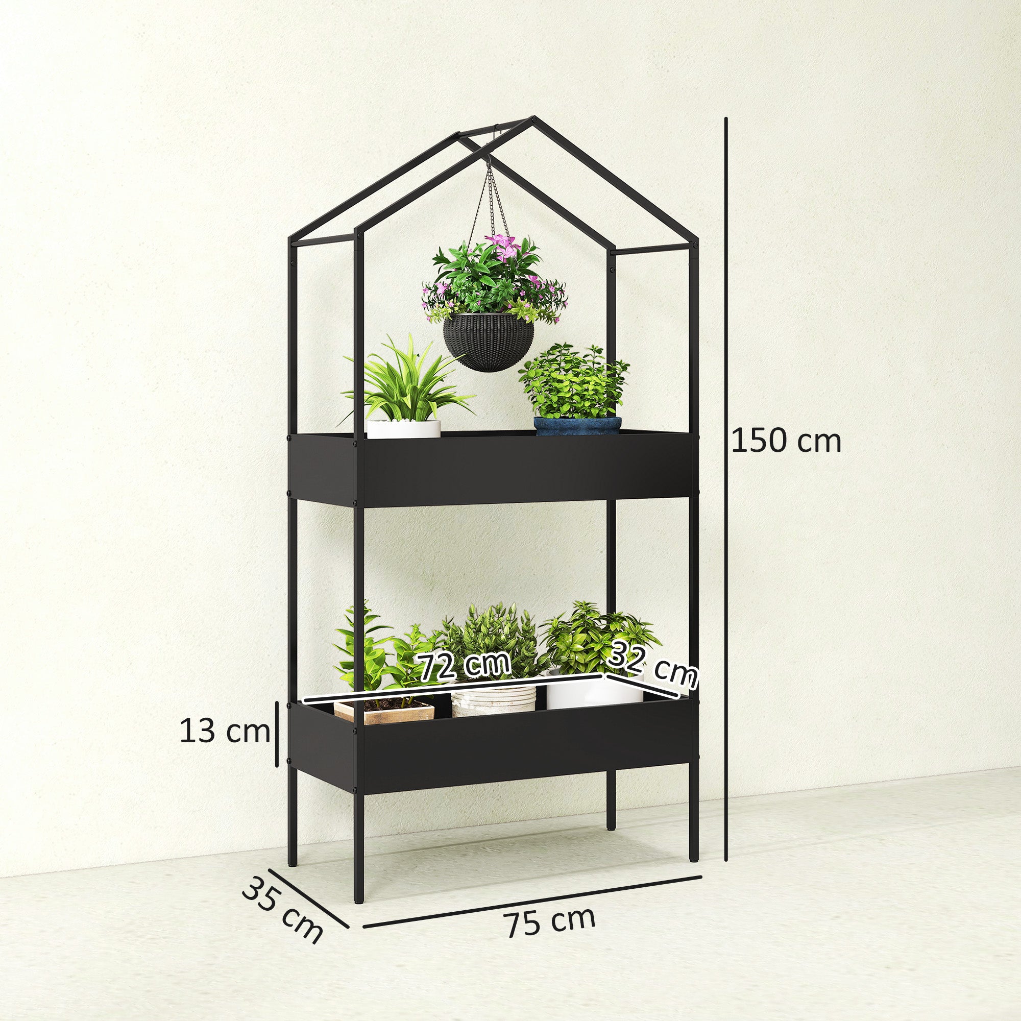 Outsunny 2 Tier Plant Stand, Outdoor Indoor Metal Plant Stand with Hook, House-Shaped Pots Holder Display Rack, Black 