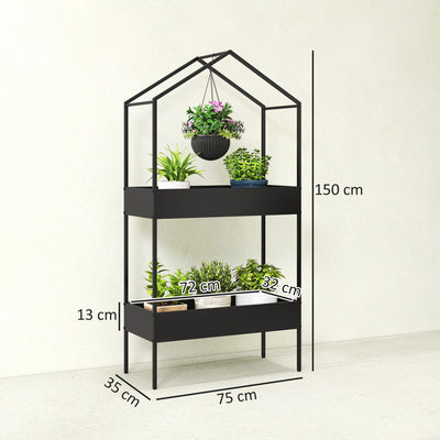Outsunny 2 Tier Plant Stand, Outdoor Indoor Metal Plant Stand with Hook, House-Shaped Pots Holder Display Rack, Black 