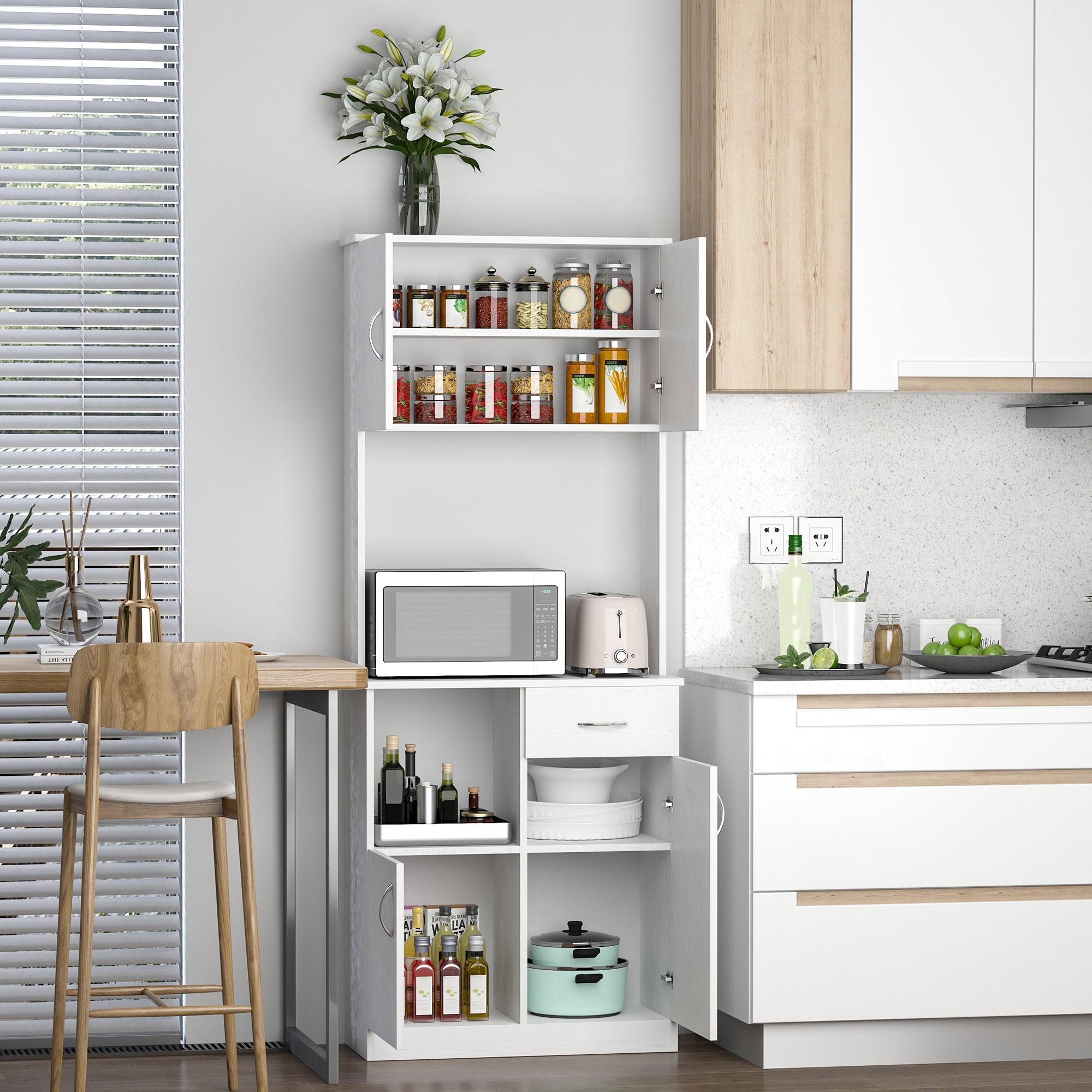 HOMCOM Tall Kitchen Cupboard, Kitchen Cabinet with Doors, Shelves, Drawer and Open Countertop, Storage Cabinet for Living Room, Dining Room, White 