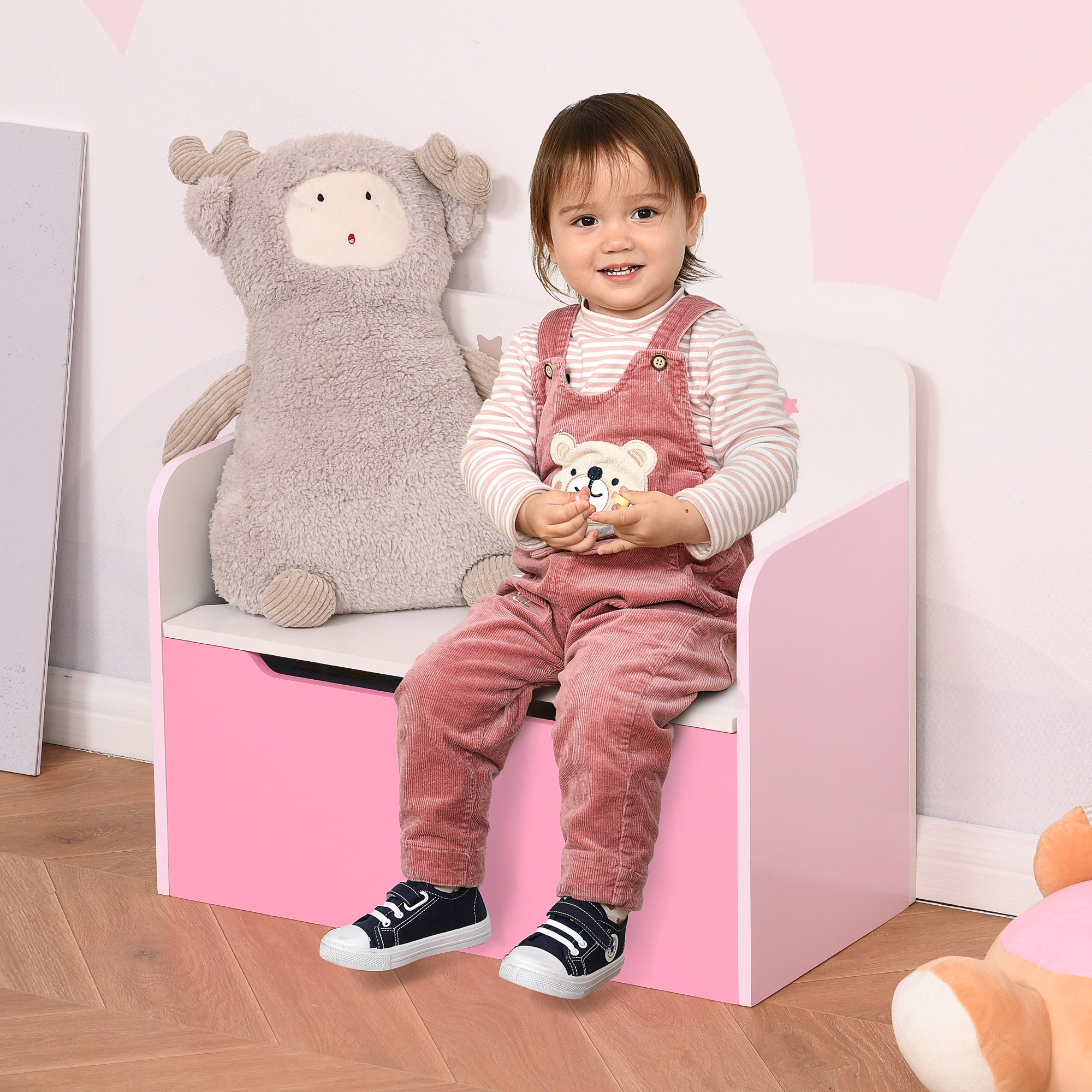 HOMCOM Kids Wooden Toy Box Children Storage Chest Bench Organiser Safety Hinge Bedroom Playroom Furniture Pink 