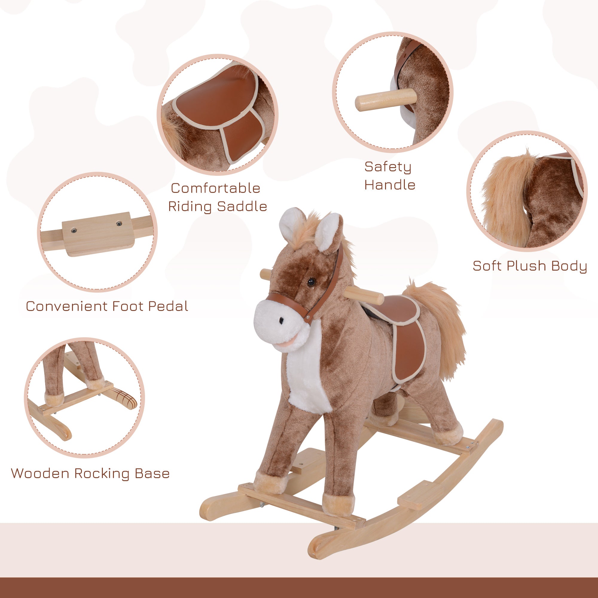 HOMCOM Kids Children Plush Rocking Horse Wooden Base Ride On Toy Rocker with Handle Grip Traditional Toy Fun Gift for Age 3+ (Brown & White) 