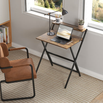 HOMCOM 70 cm Folding Computer Desk with Monitor Shelf - Rustic Brown 