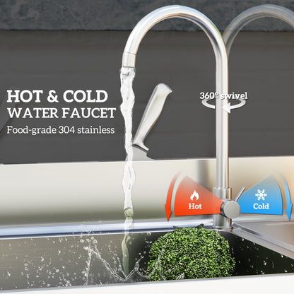 HOMCOM Outdoor Stainless Steel Kitchen Sink, Freestanding Sink Single Bowl with Cold and Hot Water Pipe and Storage Shelves 