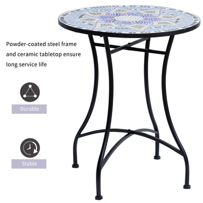 Outsunny Outdoor Mosaic Round Garden Table, Patio Bistro Coffee Side Table with 60cm Ceramic Top for Garden, Blue and White 