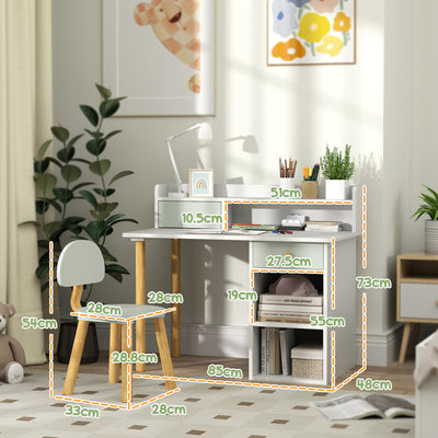 AIYAPLAY Two-Piece Children Study Table with Hutch, Kids Desk and Chair Set with Storage, Drawer, Shelves, Green 