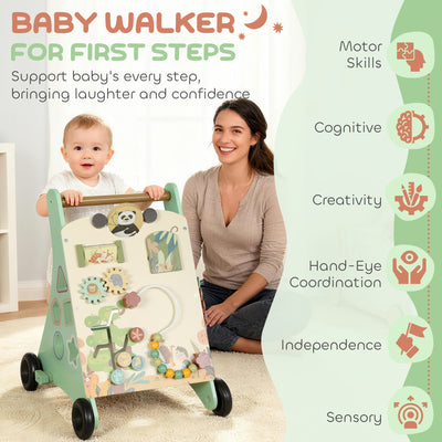 AIYAPLAY Wooden Baby Walker, Push Along Walker Toys with Speed Control, Xylophone, gears and Bead Maze, Green 