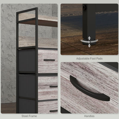 HOMCOM Rustic Chest of Seven Fabric Drawers - Grey Wood Effect 
