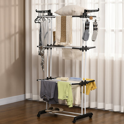 HOMCOM Foldable Clothes Drying Rack, 4-Tier Steel Garment Laundry Rack with Castors for Indoor and Outdoor Use, Black 