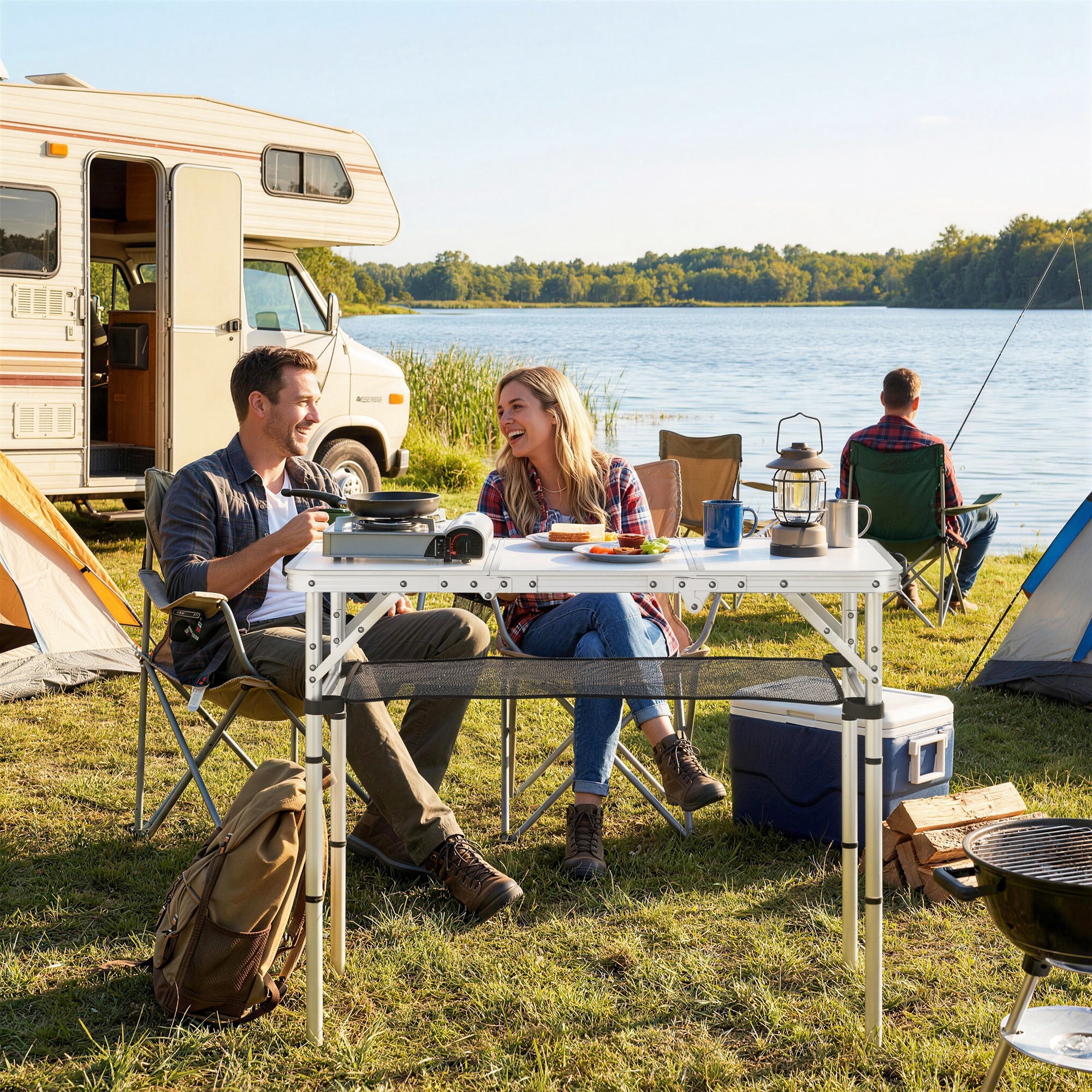 Outsunny 3ft Folding Camping Table, Picnic Table with Mesh Storage Layer, Carrying Bag and Metal Frame, Cream White 