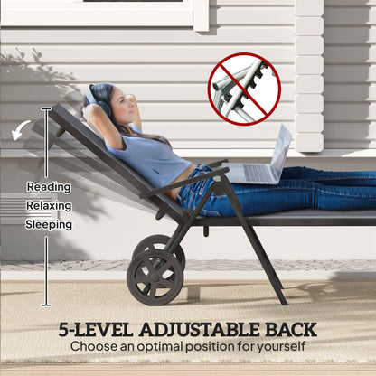 Outsunny Folding Sun Lounger with Wheels, 5-Position Adjustable Garden Chaise Lounge Sunbed with Armrests, Metal Frame Outdoor Portable Reclining Chair for Beach, Porch, Grey 