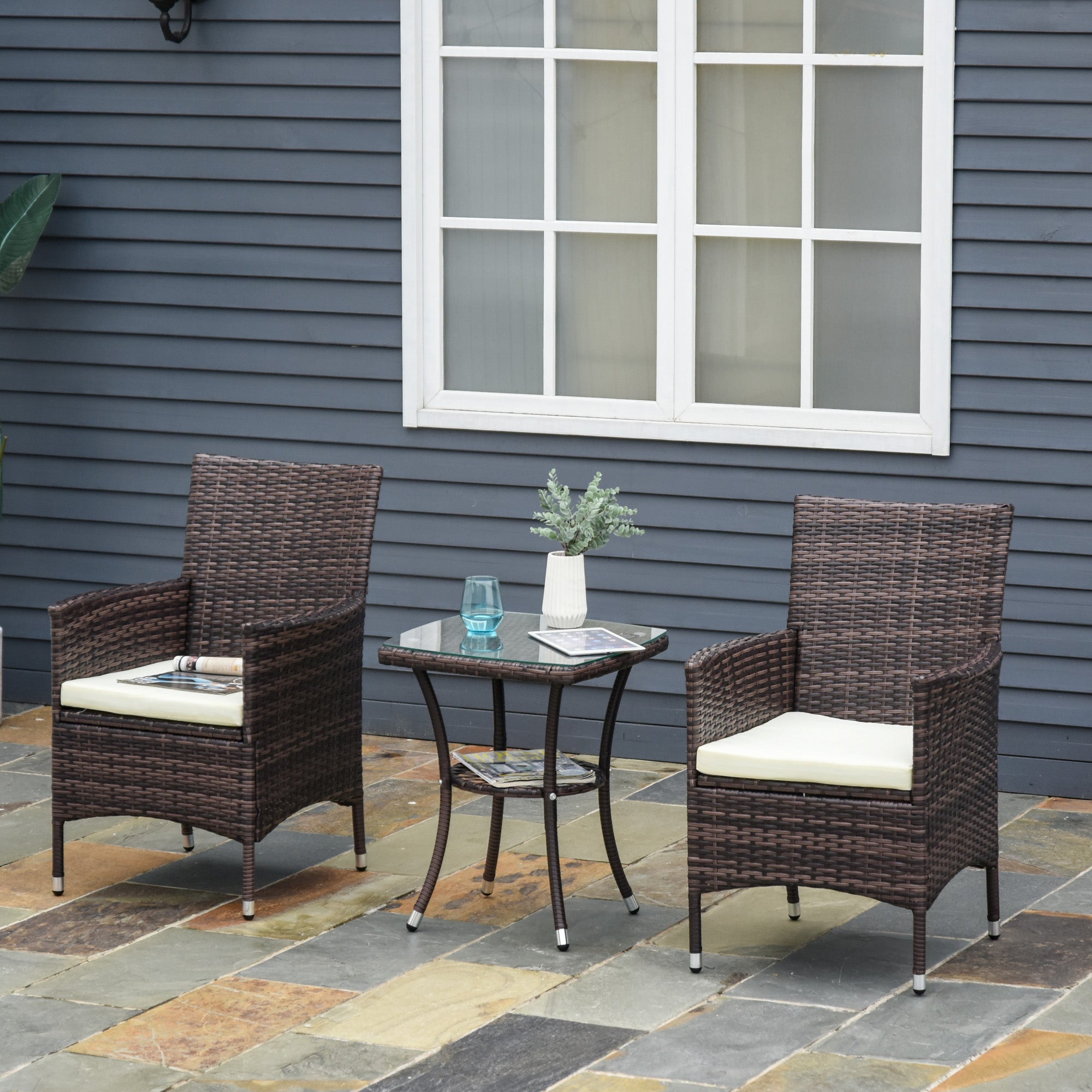 Outsunny Three-Piece Rattan Chair Set, with Cushions - Brown 