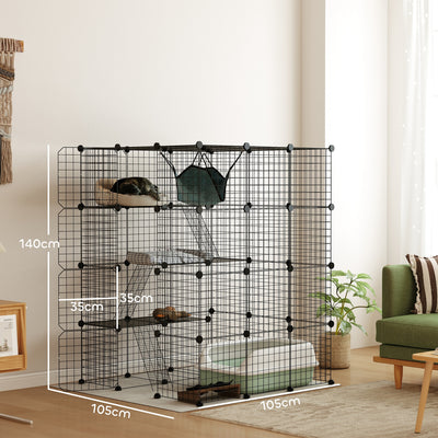 PawHut Steel Wire Cat Cage Indoor with Hammock, Ramps, Doors, DIY Cat Enclosure for 1-3 Cats, Black 