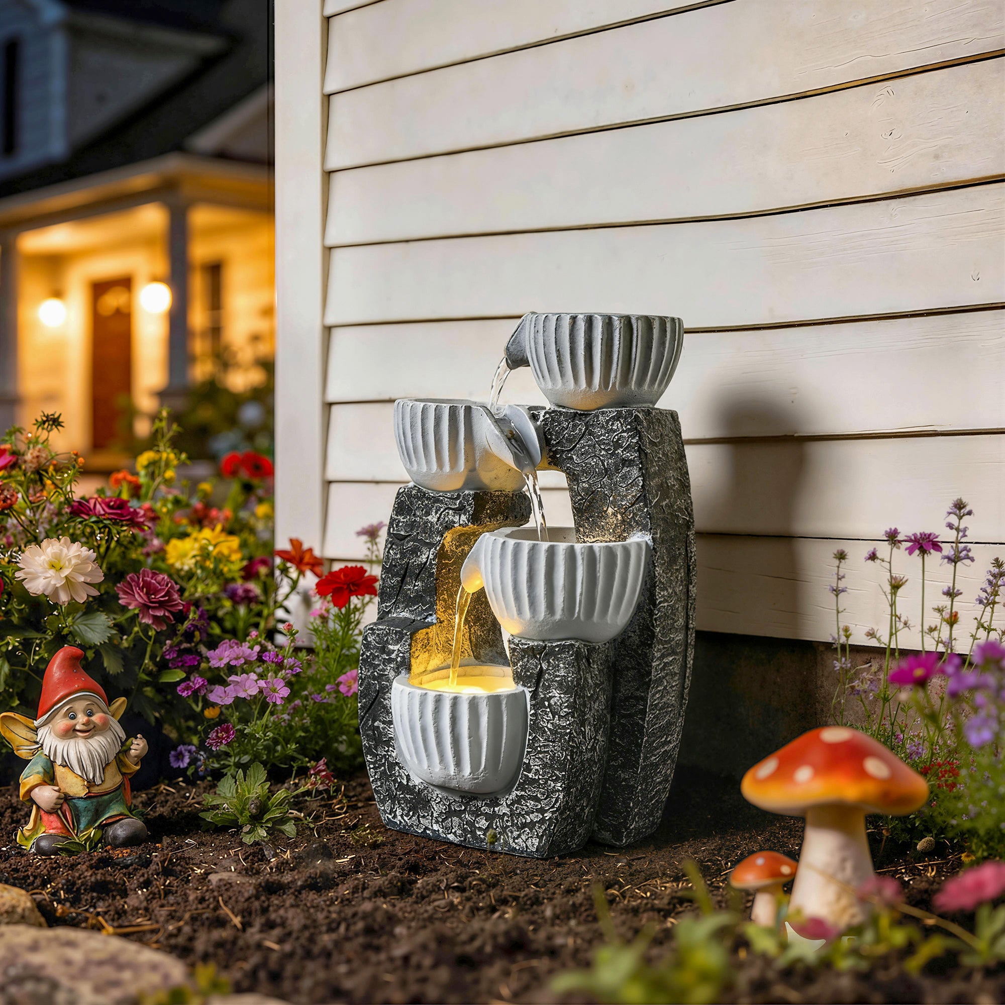 Outsunny 4-Tier Bowl Water Feature, Indoor Outdoor Garden Water Fountain with Pump and LED Lights, Resin Cascading Waterfall 