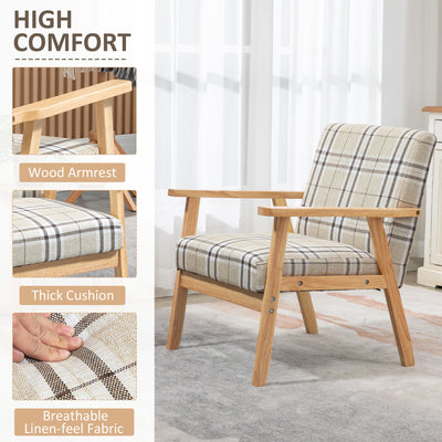 HOMCOM Modern One Seater Sofa for Living Room, Linen Fabric Small Couch with Rubber Wood Frame, Armrests, Lattice Pattern, Upholstered Armchair, Beige 