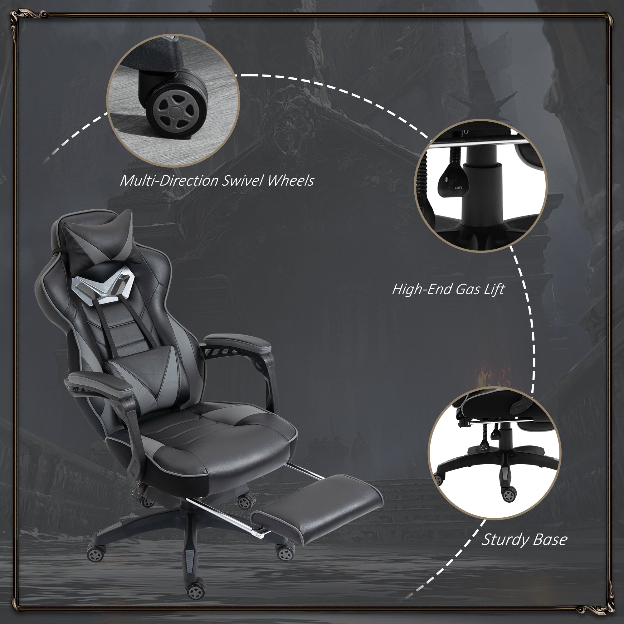Vinsetto Computer Gaming Chair, Racing Desk Chair with Lumbar Support and Footrest, PU Leather Gamer Chair with Headrest and Swivel Wheels for Home, Grey 