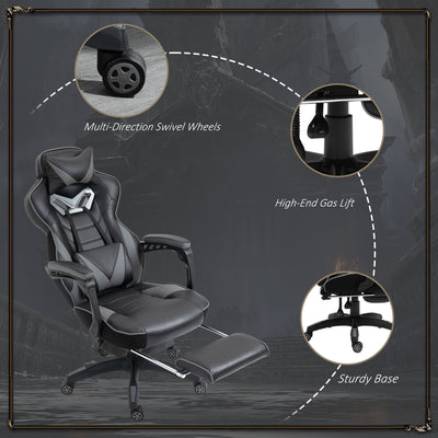 Vinsetto Computer Gaming Chair, Racing Desk Chair with Lumbar Support and Footrest, PU Leather Gamer Chair with Headrest and Swivel Wheels for Home, Grey 