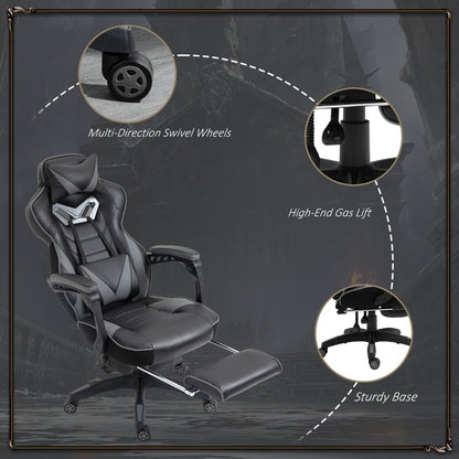 Vinsetto Computer Gaming Chair, Racing Desk Chair with Lumbar Support and Footrest, PU Leather Gamer Chair with Headrest and Swivel Wheels for Home, Grey 