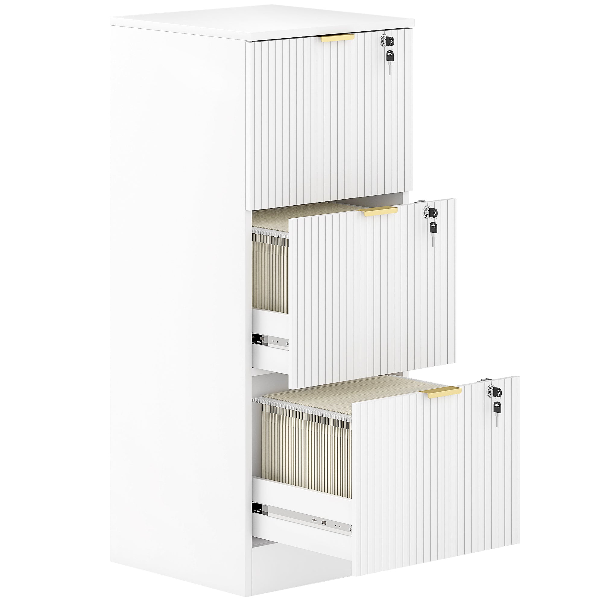 HOMCOM Filing Cabinet, Fluted Vertical File Cabinet with 3 Lockable Drawers and Hanging Rails, White 