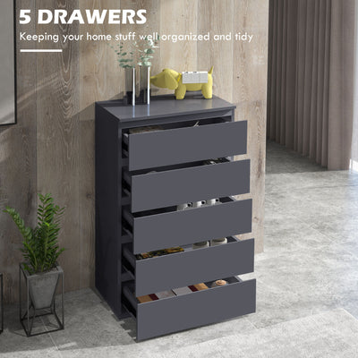 HOMCOM 5-Drawer Modern Dresser, High Gloss Storage Drawer Unit for Bedroom, Grey 