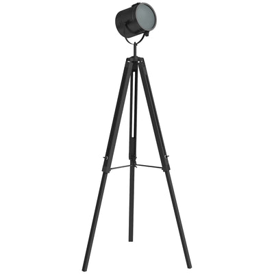 HOMCOM Industrial Tripod Floor Lamp, Nautical Searchlight with Adjustable Height, Wood Legs, E14 Lamp Base for Living Room, Bedroom, Black 