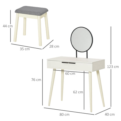 HOMCOM Dressing Table with Mirror and Stool, Vanity Makeup Desk Set with 2 Drawers, Cushioned Stool and Make-up Organizer for Bedroom and Dressing Room, White 