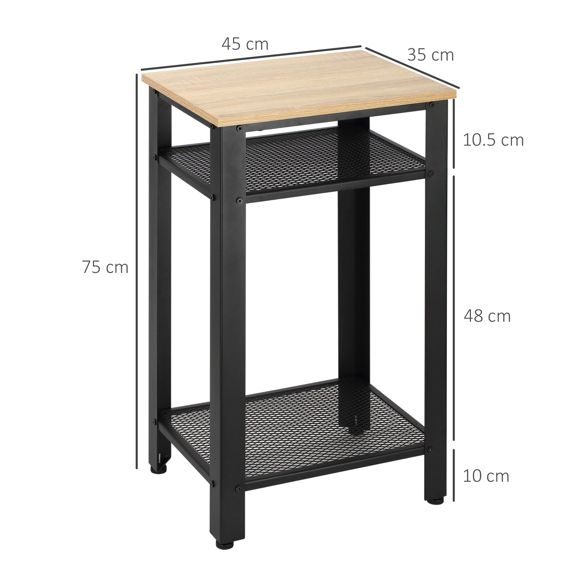 HOMCOM Tall Side Table with 3 Layer 2 Shelves Storage Display Industrial-Style Metal Frame Bedside End Table Nightstand for Living Room Bedroom Lounge 