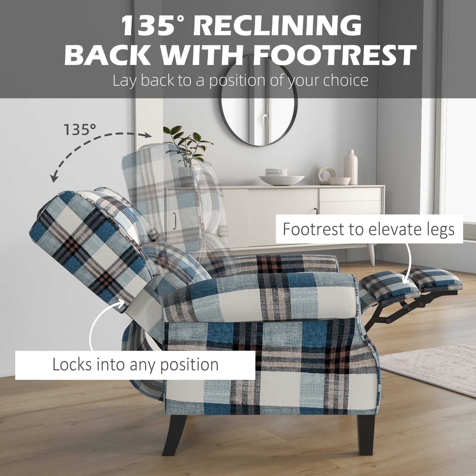 HOMCOM Wingback Reclining Chair Push Back Recliner Armchair for Living Room Bedroom with Footrest Armrests Wood Legs Blue 