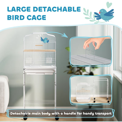 PawHut Bird Cage Budgie Cages for Finch Canary Parakeet with Stand Wheels Slide-out Tray Accessories Storage Shelf, White 