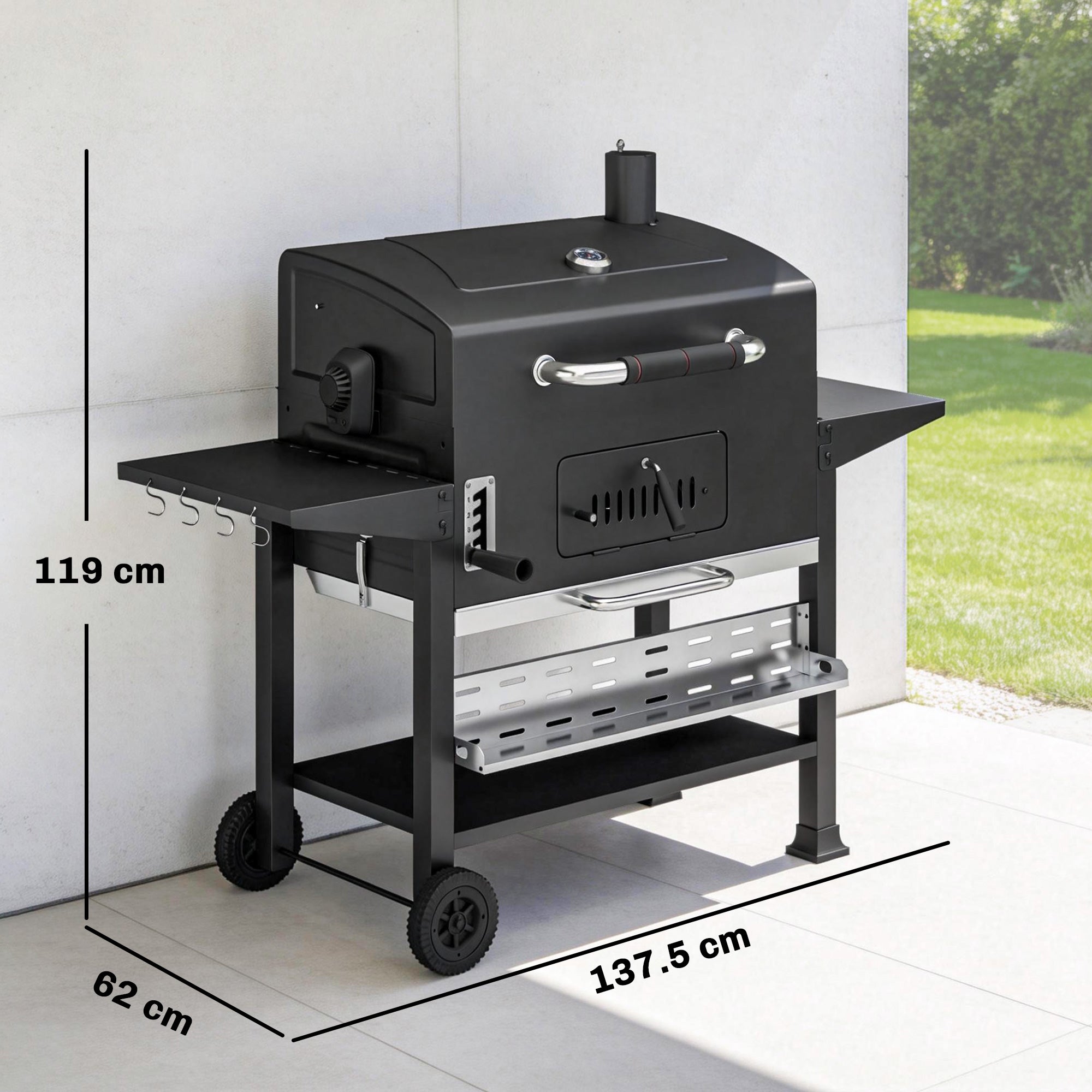 Outsunny Charcoal BBQ Grill Smoker with Electric Rotisserie Kit, Portable Barbecue Grill with Warming Rack, Black 