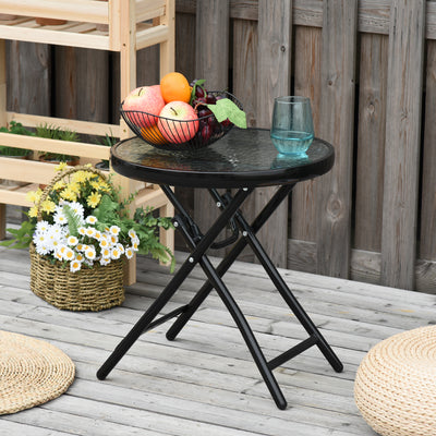 Outsunny Foldable Garden Table, Round Folding Table with Glass Tabletop and Safety Buckle for Patio, Garden, Outdoor, Indoor, Black 